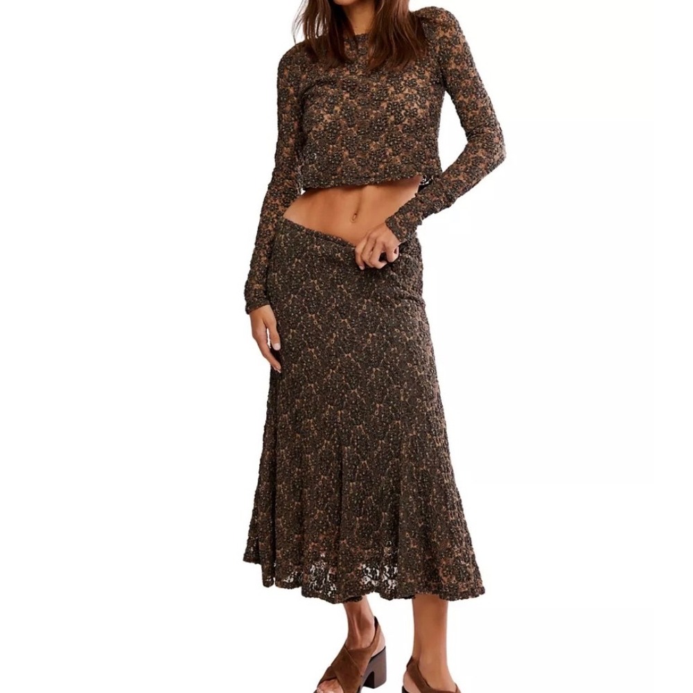 Free People Laney 2 Piece Set XS NWT Long Sleeve Crop Top Midi Skirt Floral Boho